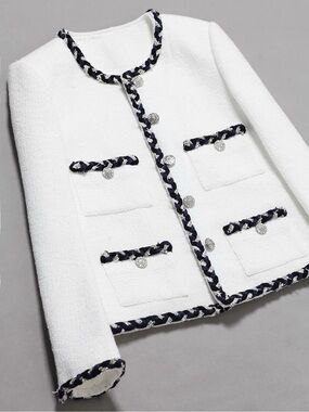 Designer-style White Cruise Tweed Chain-Trim Jacket